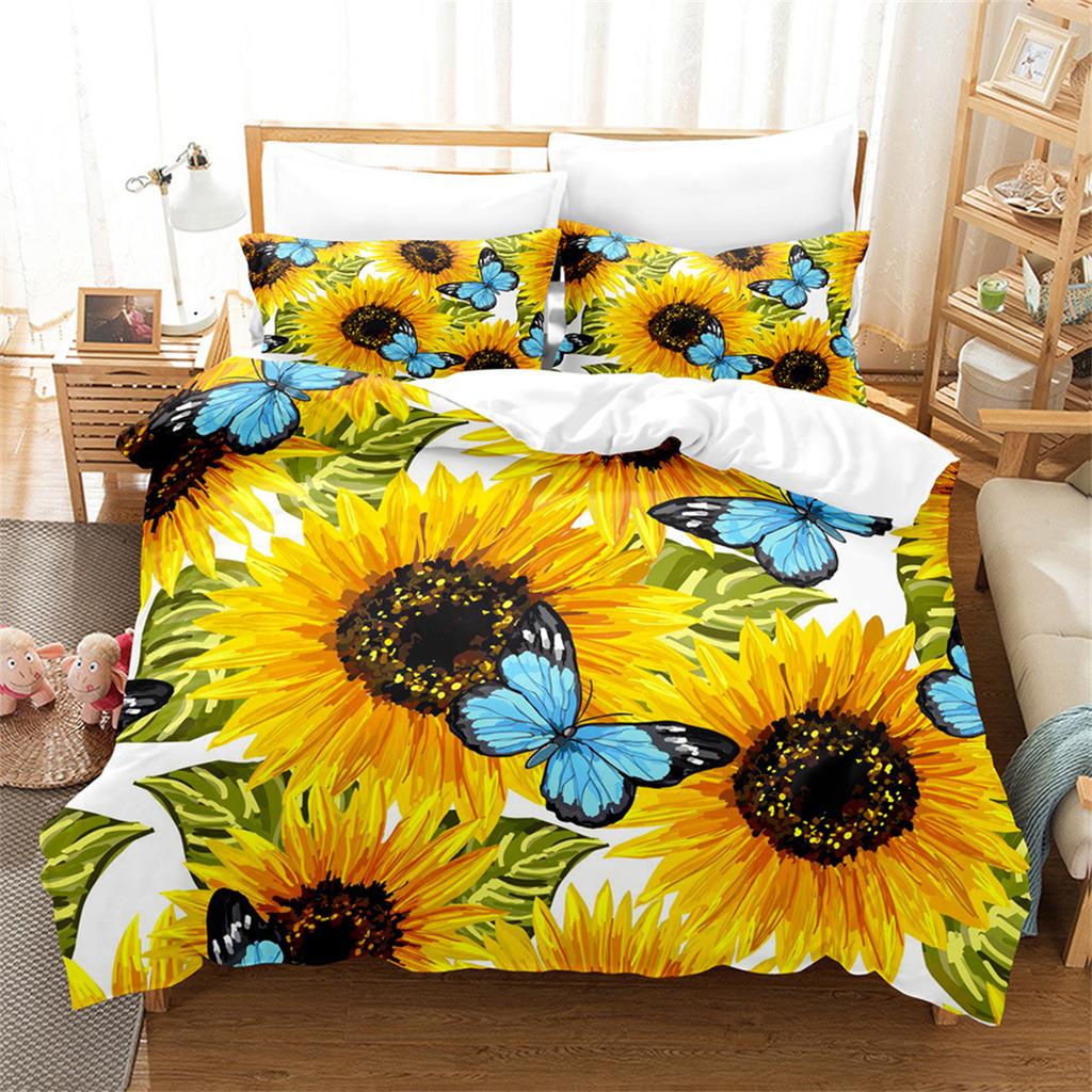 Sunflower Duvet Cover Set Double Size for Teens Floral Branches Bedding Set Garden Theme Comforter Cover with Pillowcases 2 Pcs
