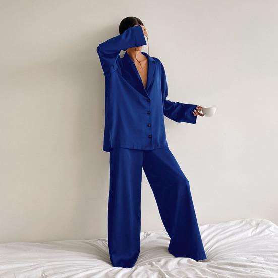 2 Pcs/Set Women Shirt Pants Set Homewear Suit Loose Lapel Long Sleeve Loose Solid Color Single-breasted Wide Leg Straight Soft