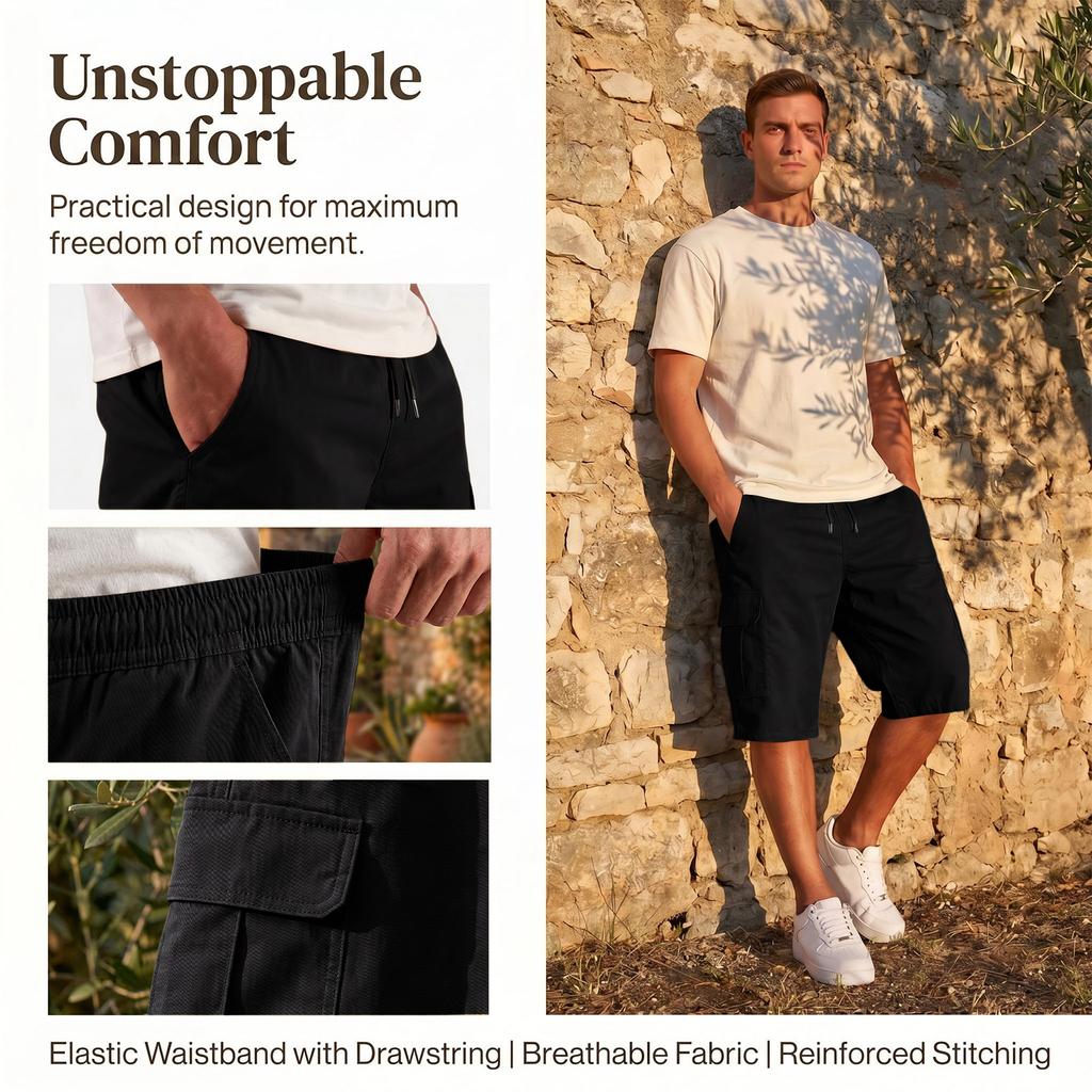Men's Color Cargo Shorts with Elastic Waist and Drawstring - Multi-Pocket Lightweight Comfortable for Summer Casual
