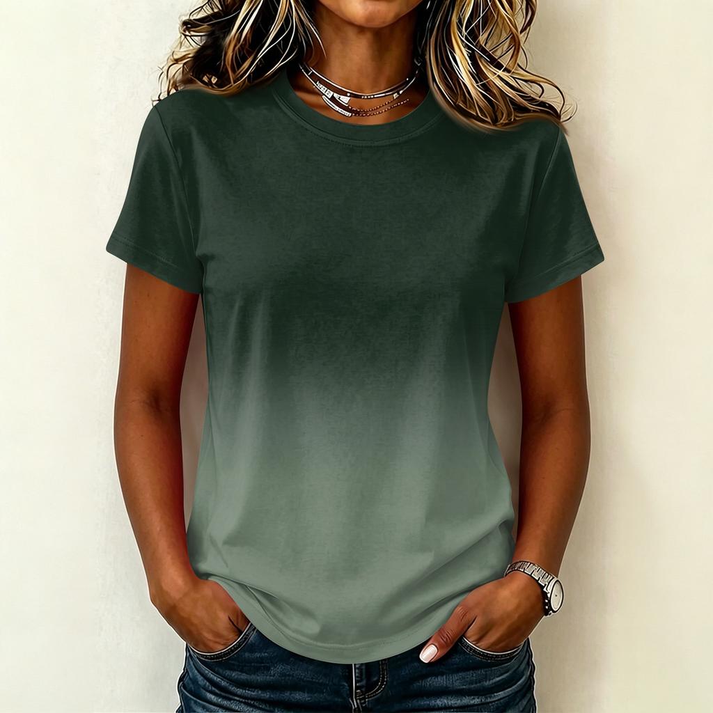 Women's Casual Pullover T-Shirt Short Sleeve Crew Neck Gradient Color Top Lightweight Soft Fabric Summer Wear