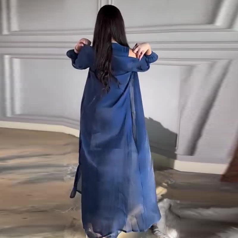 2024 Autumn European and American Pleated Waist Long Dress and Outerwear Two-Piece Set