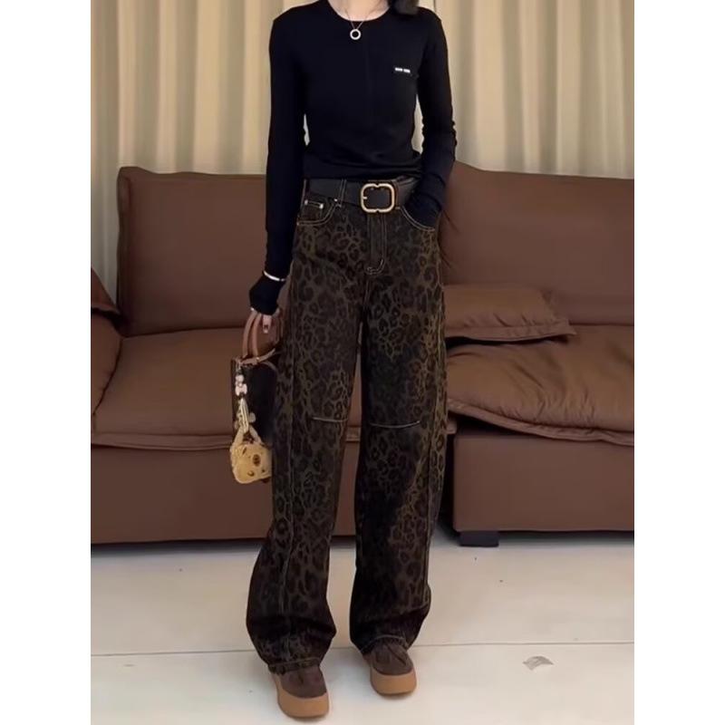 JYL Women's Wide-Leg Jeans American Vintage Leopard  Winter HipHop Slim Denim