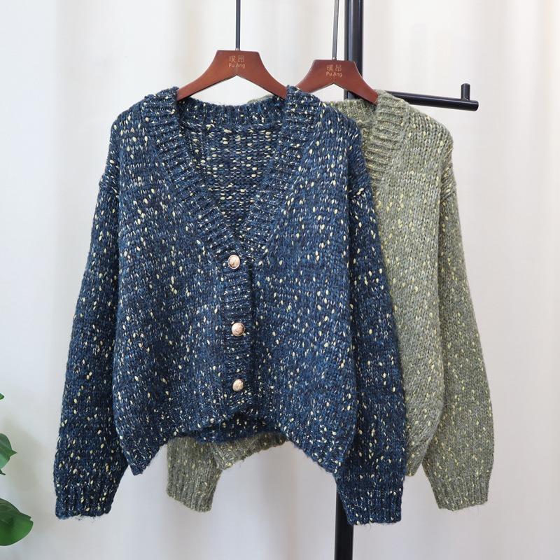 Autumn and winter new V-neck loose short knitted cardigan gentle wind soft waxy lazy wind sweater jacket women