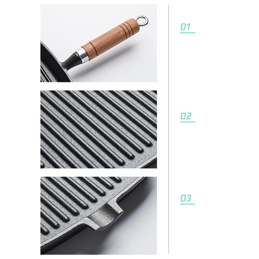 Steak Grill Pan with Wooden Handle 8.7in Thickened Bottom Even Heating Nonstick Grill Pan with Pour Spout for Indoor