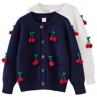 Spring and Autumn Cardigan Cherry Girls Knitted Cotton Round Neck Children's Sweater Jacket