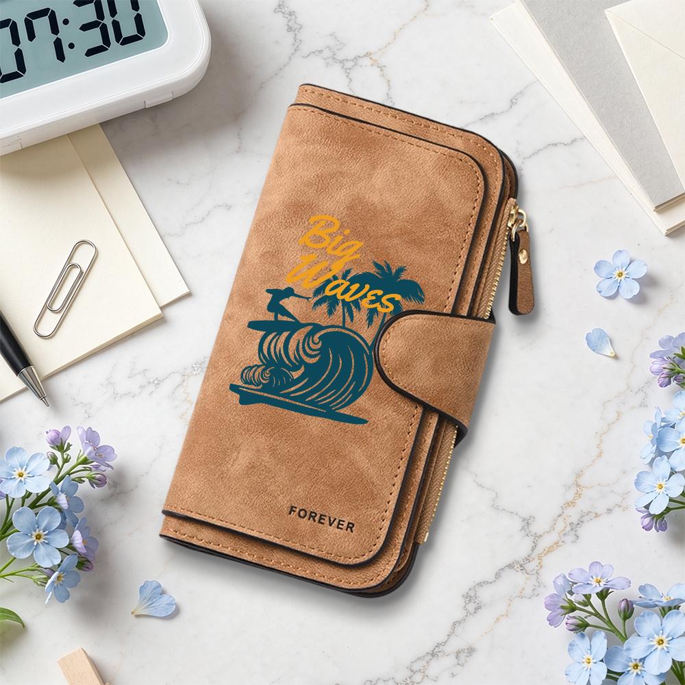 Vintage Style Long Wallet Big Waves Print Portable Card Holder Purse for Daily Use