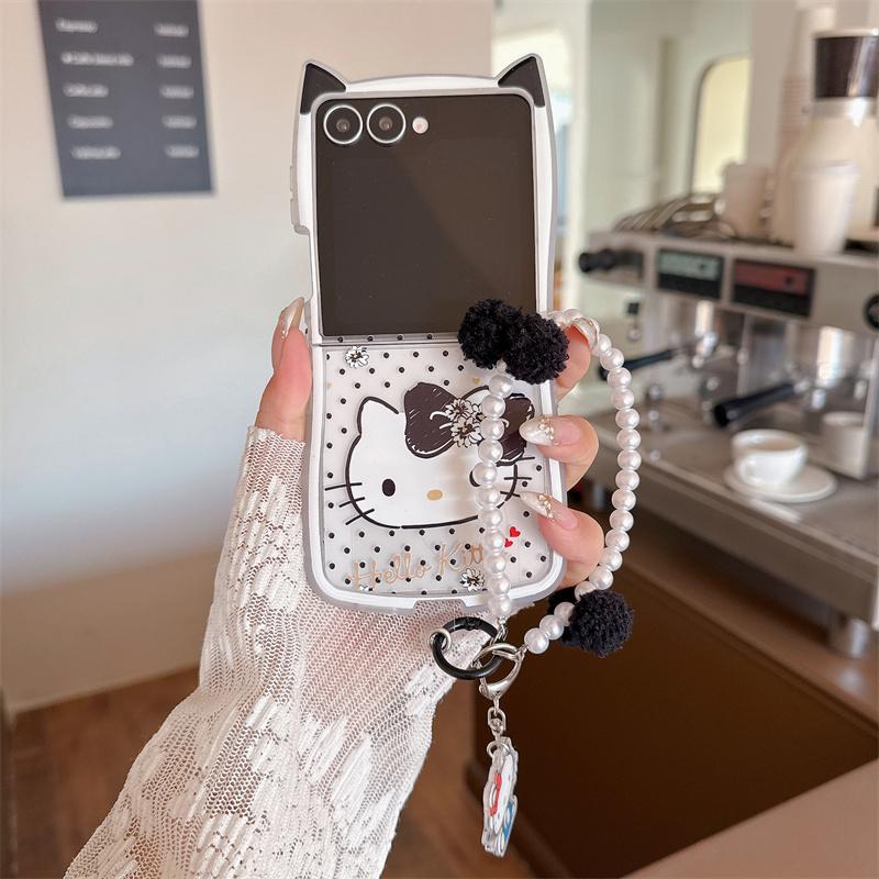 New Hello Kitty Cat Ear Glitter Clear Phone Case With Pearl Pom Pom Lanyard For Samsung Galaxy Z Flip 3 4 5 6 7 INS Cute Shockpr