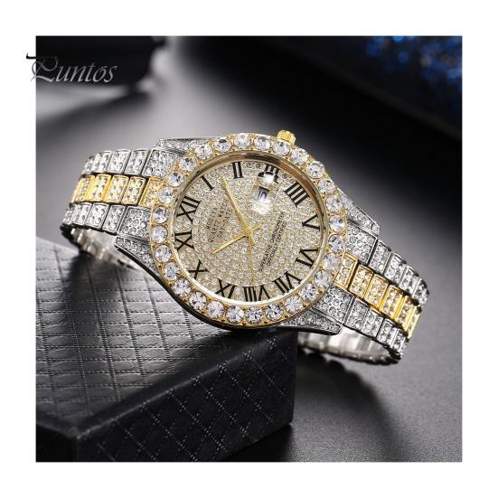 Rhinestone Men Watch Ladies Quartz Round Dial Alloy Decor Roman Umber Calendar Movement No Delay Time-checking High Accuracy Wristwatch Business