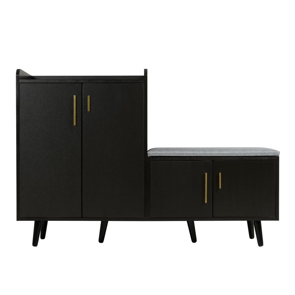 Modern Shoe Bench with Black Walnut Wood, Shoe Cabinet, Equipped with Four Storage Doors, Asymmetric Metal Handles, W120/D34/H82