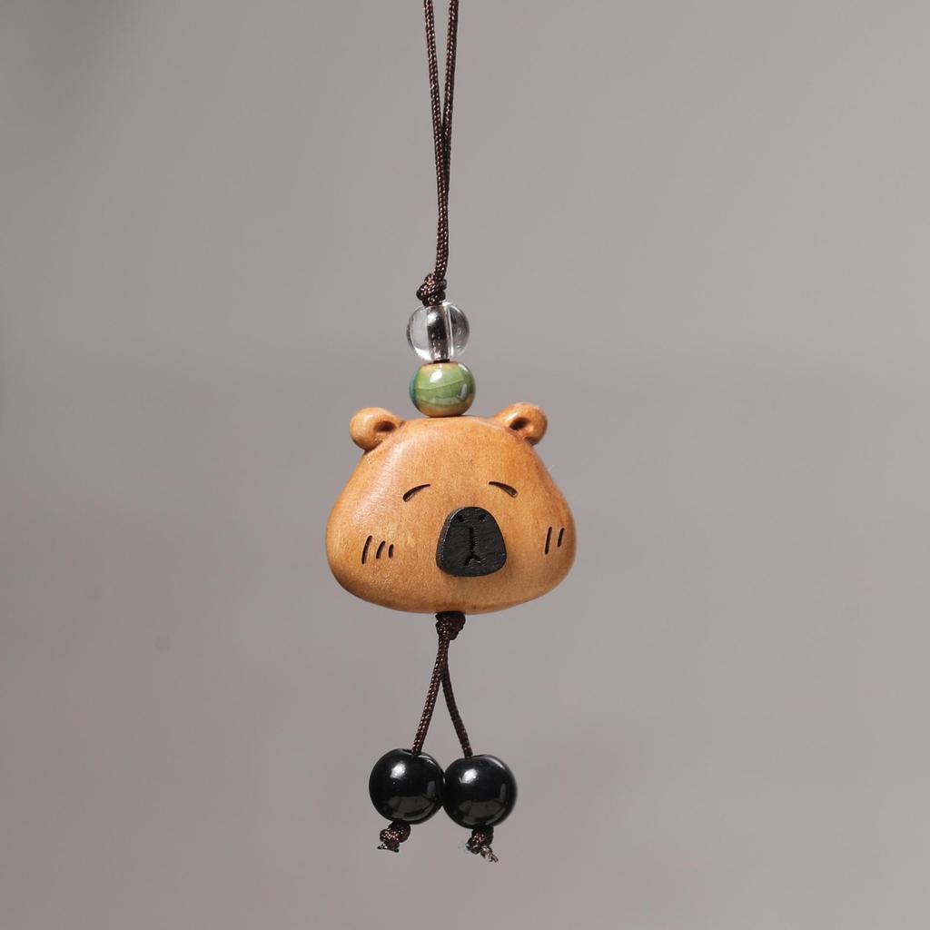Peach Wood Coffee Bean Bear Pendant Keychain & Necklace Accessory