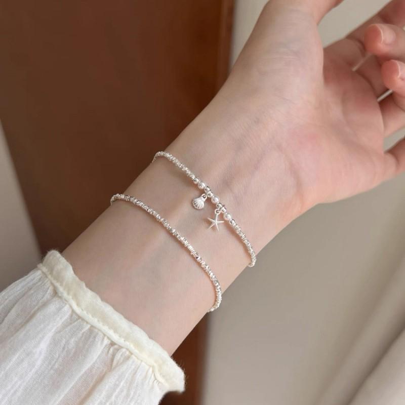 Sterling Freshwater Pearl Bracelet With Starfish Shell Charm Minimalist Layering Jewelry Women