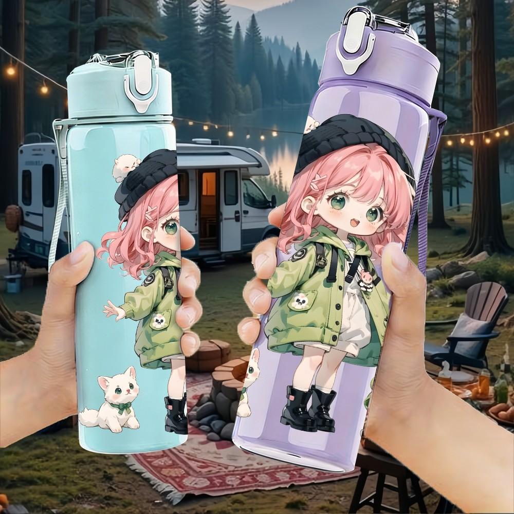 1PC Pink Hair Girl Green Raincoat Pattern 750ml Color Plastic Sports Water Bottle Leakproof Flip Straw Lid Suitable for Sports Office Home Use