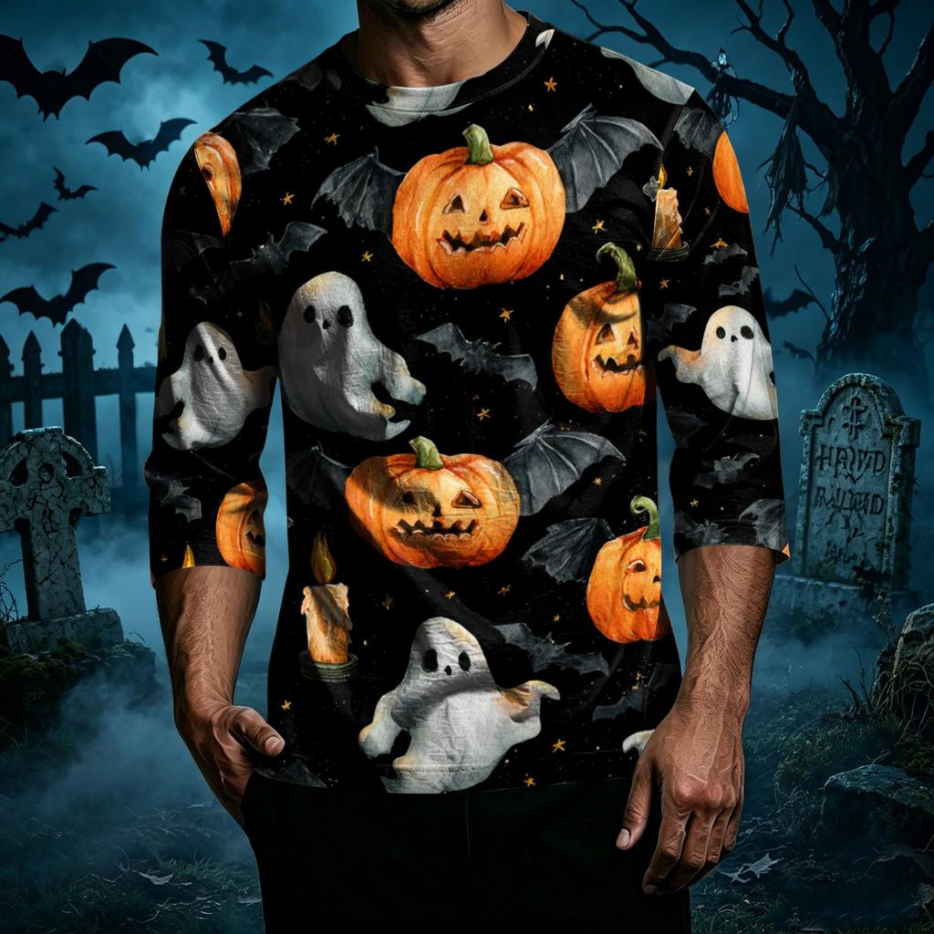Men's Casual Halloween Print Crew Neck T Shirt Three Quarter Sleeve Top Lightweight Comfortable Fit Stylish Design