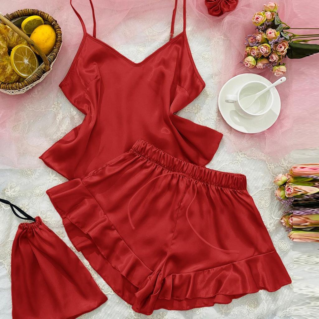 Women's Casual Ice Silk Three-Piece Set: Backless Camisole & Shorts Pajamas