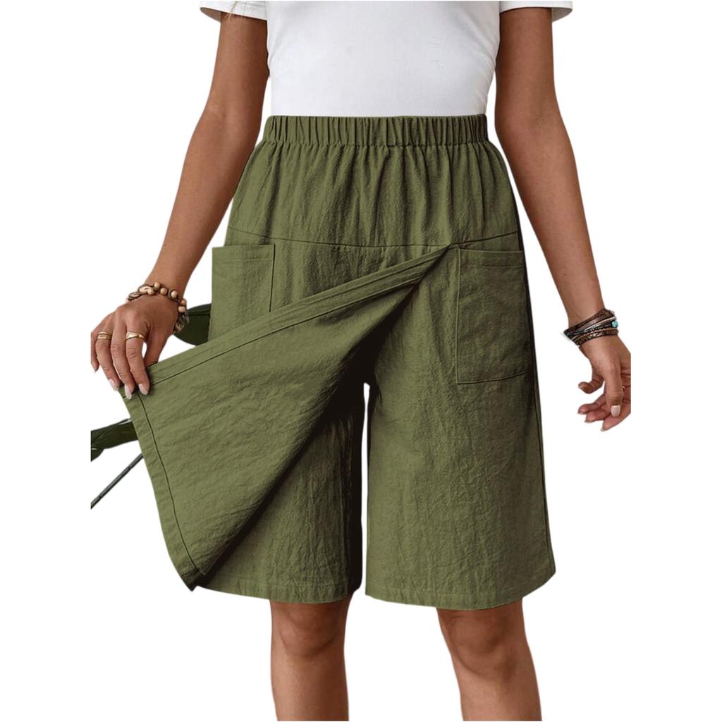 Women's Fashion Pants And Skirts Color Elastic Waist Pocket Casual Shorts