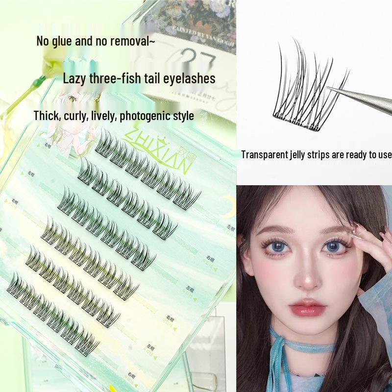 Zhixian Sleek Triple Fish Tail False Eyelashes - No-Glue, Single Cluster, Invisible, Fresh, Non-Smudging.