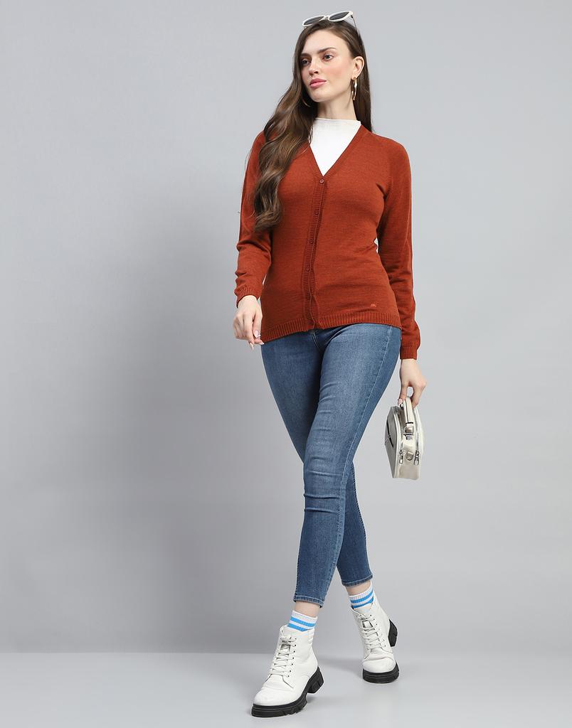 MONTE CARLO Womens Solid Rust V Neck Full Sleeve Cardigan
