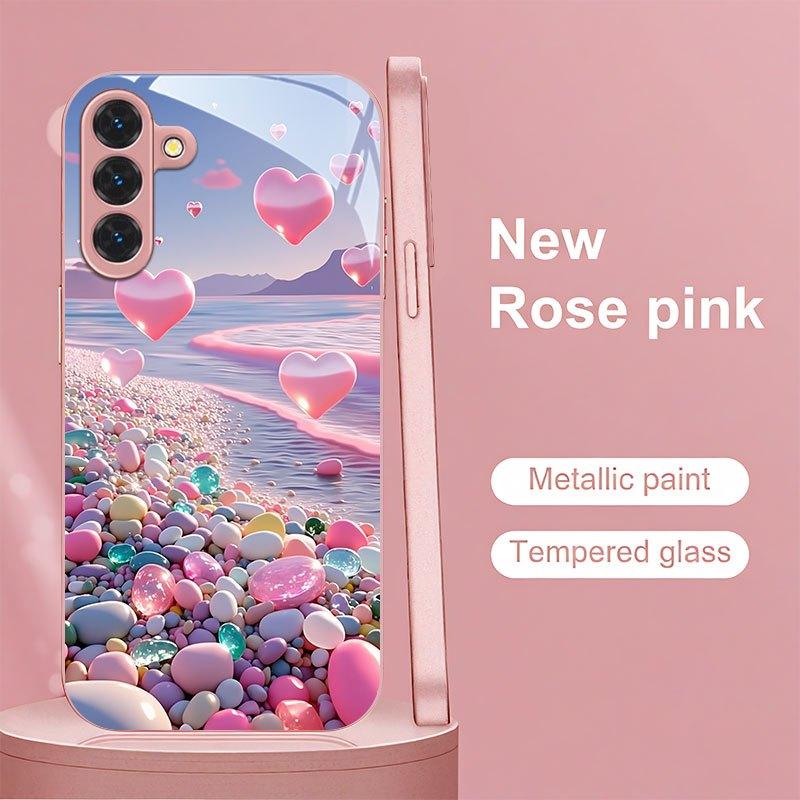 Pink heart-shaped candy beach pattern glass phone case suitable for Samsung Galaxy S26 S25 S24 S22 S21 S20 FE Ultra Plus