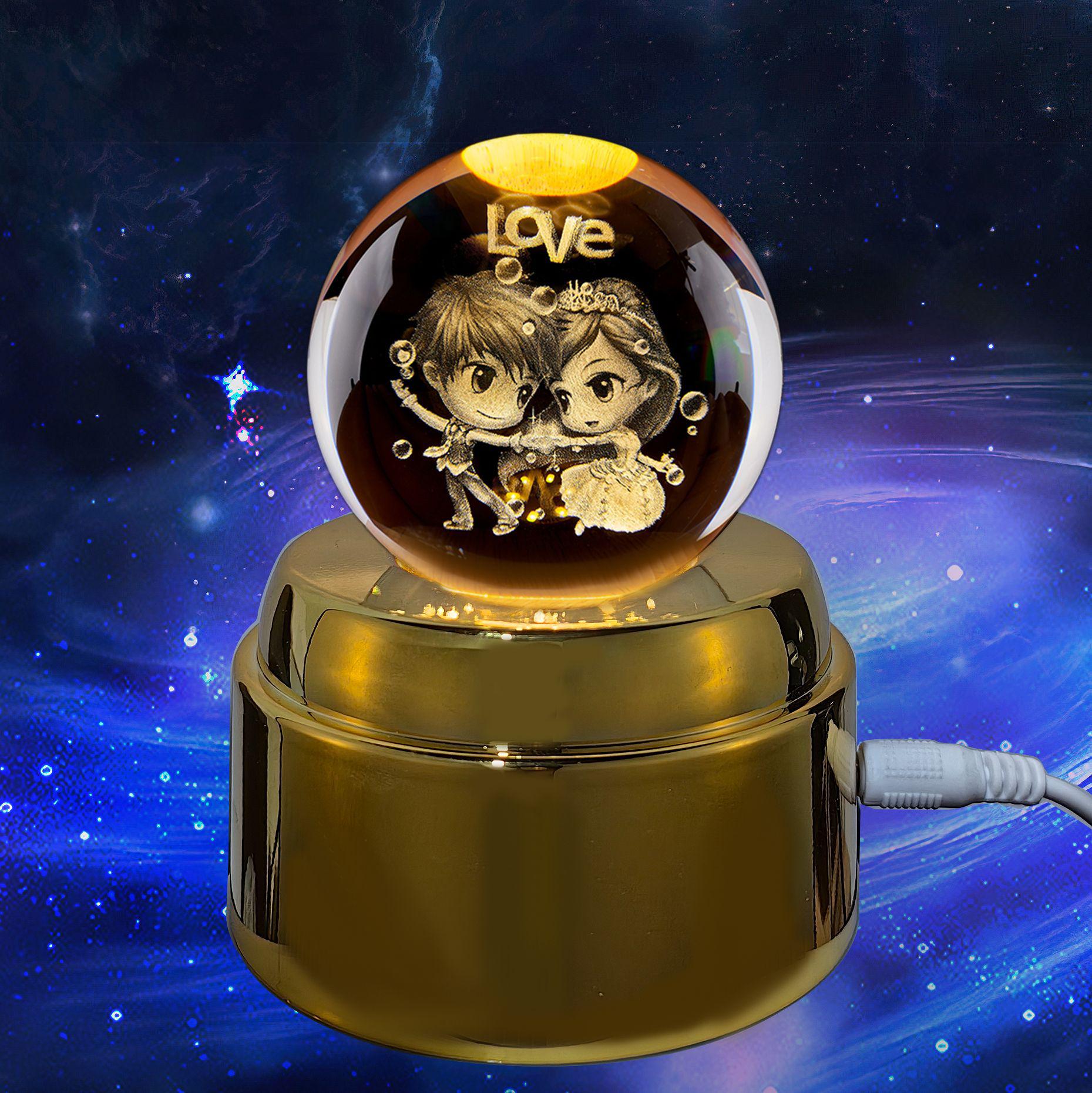 Golden Rotating Crystal Night Light: Luminous 3D Galaxy Moon & Starry Sky Glass Ball Ornament 6 cm Ball + Gold Base