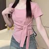 Design Sense Split Strap Waist Short Sleeve T-Shirt Women's Summer New Fashion Foreign Style Slim Skinny Top