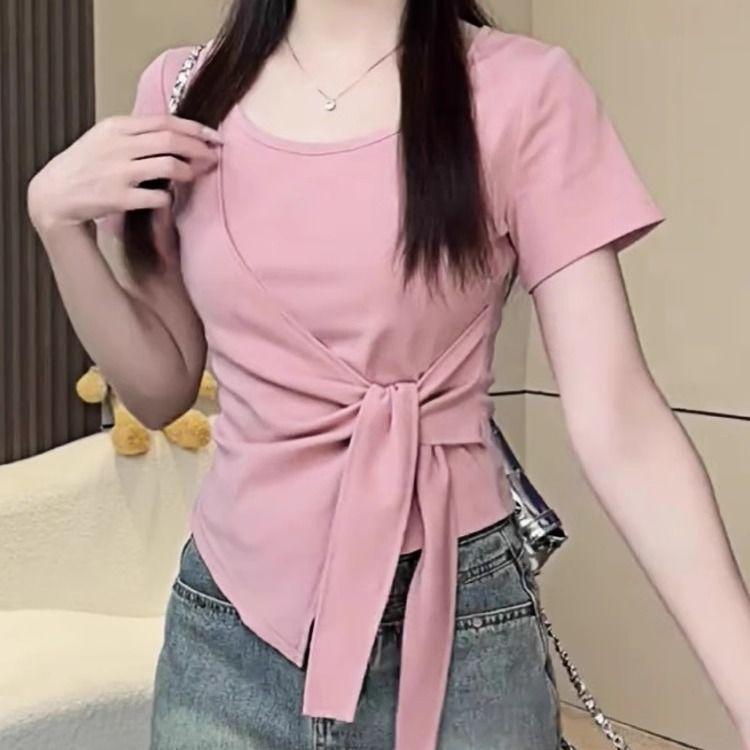 Design Sense Split Strap Waist Short Sleeve T-Shirt Women's Summer New Fashion Foreign Style Slim Skinny Top