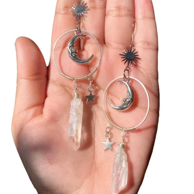Gothic Silver Star & Moon Irregular White Crystal Pendant Earrings