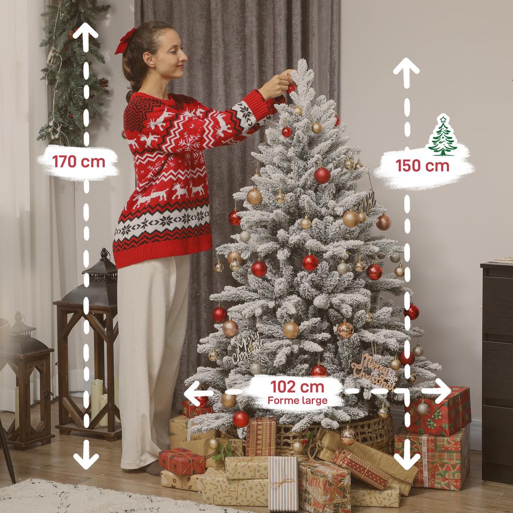 Artificial Christmas tree with snow flocking, 150 cm, Christmas tree with 768 branches, foldable metal stand, green