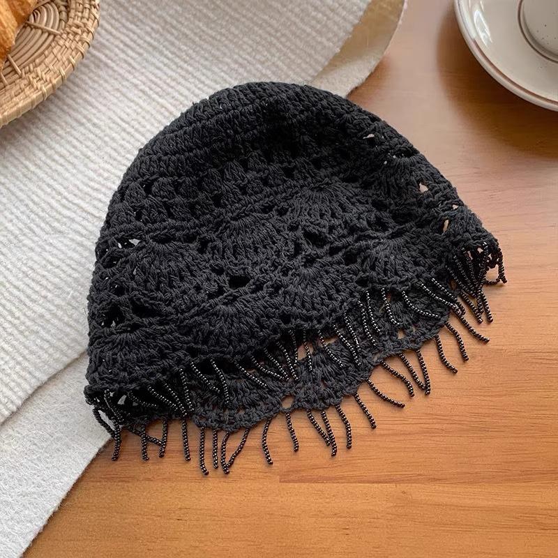 

Летняя тонкая шапка-пуловер, подчеркивающая маленькое лицо, этнический стиль, ручная вязка, шапка с кисточкой, ажурная вязаная шапка на голову, женский тренд