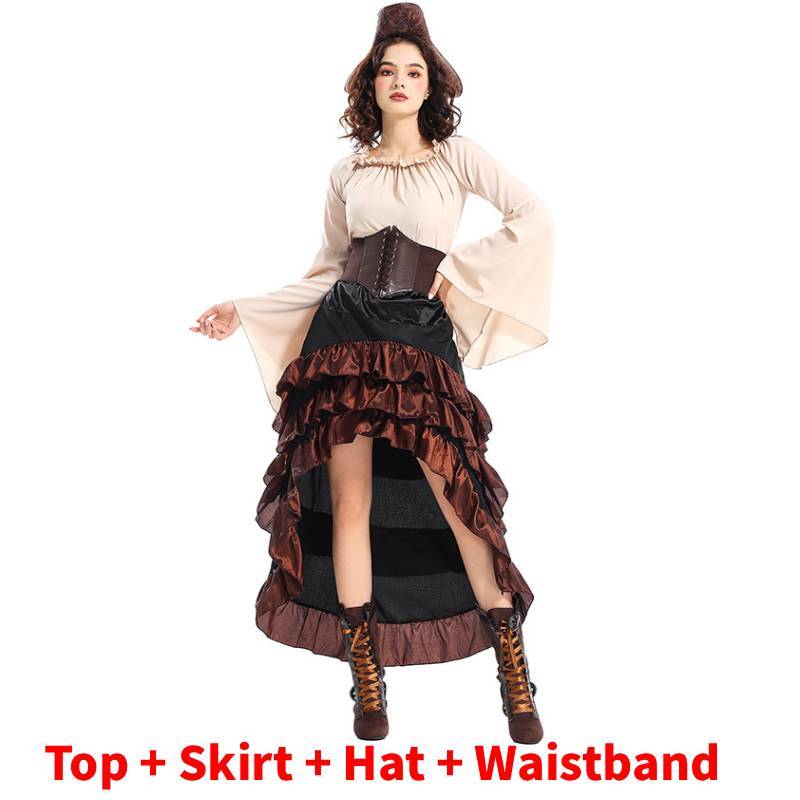 Game Themed Pirate Queen Costume With Ruffled Long Dress For Cosplay Enthusiasts