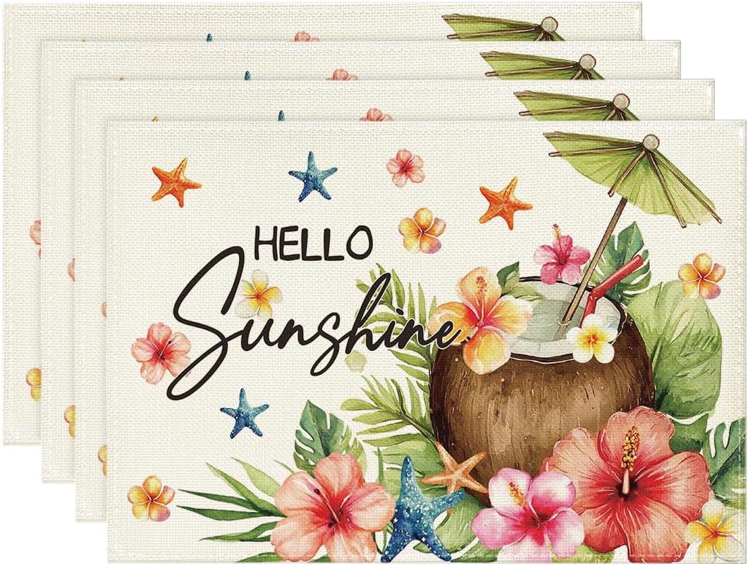 4/6/8pc Tropical Beach Placemat Set, Hello Sunshine Coconut Cocktail Linen Table Mats for Summer Dining Table 4pcs