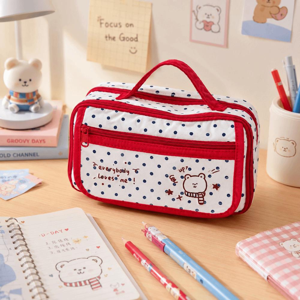 Large Capacity Pencil Case Polka Dot Pen Bag Portable Organizer Bag
