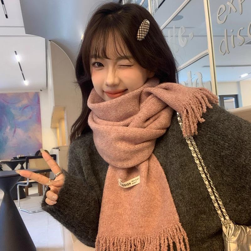 Winter new Korean version versatile solid color fringed edge dopamine long scarf winter warm and cold scarf