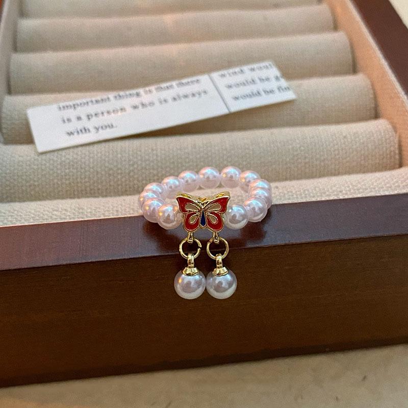 

Кольцо с бабочкой в стиле ретро, жемчугом, модный дизайн, эластичная веревка, кольцо на указательный палец, женские праздничные украшения для вечеринок