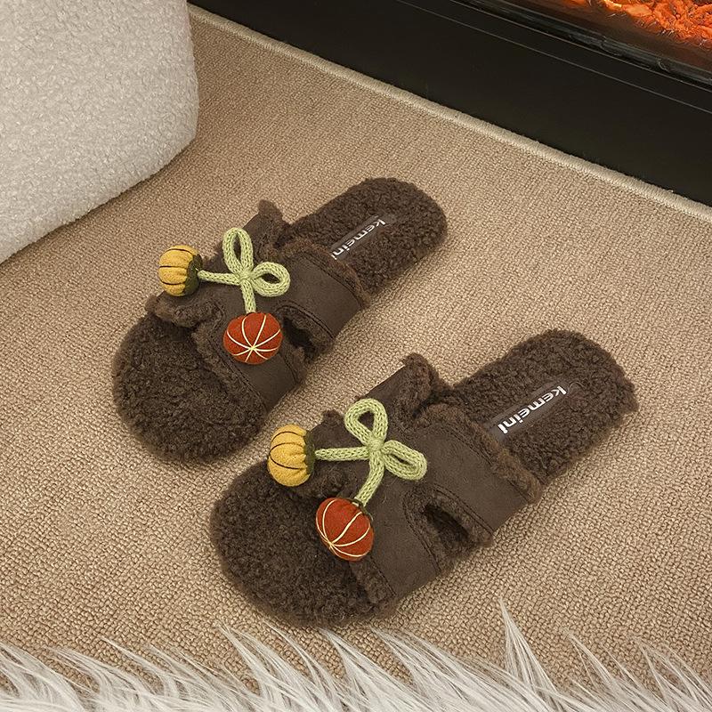 Fashion versatile cute cartoon girl one-word fluffy slippers women's 2025 autumn and winter new home thermal cotton slippers