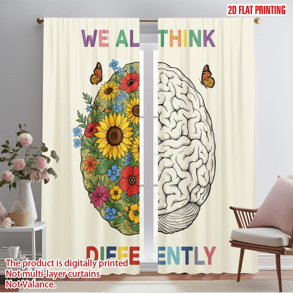 

2pcs 2D flat printing Window Curtains Rainbow Brain Floral Thinking Differently Fabric Without Electricity Festive Wall Decor 52.50×116.00 CM 2pcs