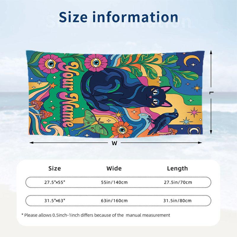 Magic Cats Nature Theme Quick Dry Beach Towel Custom Name Text Print Large Sand Resistant Towel Beach Vacation