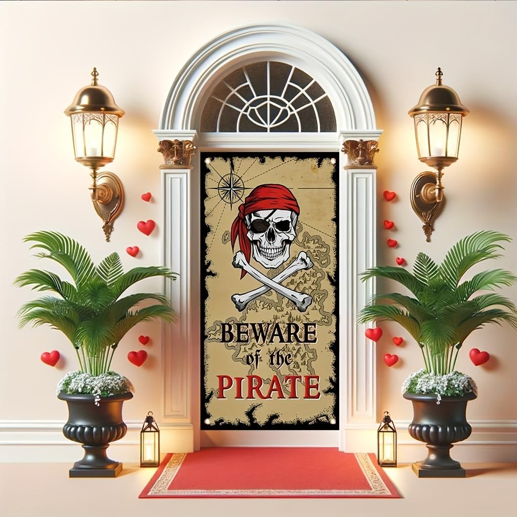 Pirate Door Cover Banner Beware of the Pirate 71x35 Inch Party Door Sign for Front Door Skull Map Design Door Cover for Halloween Theme Party Outdoor