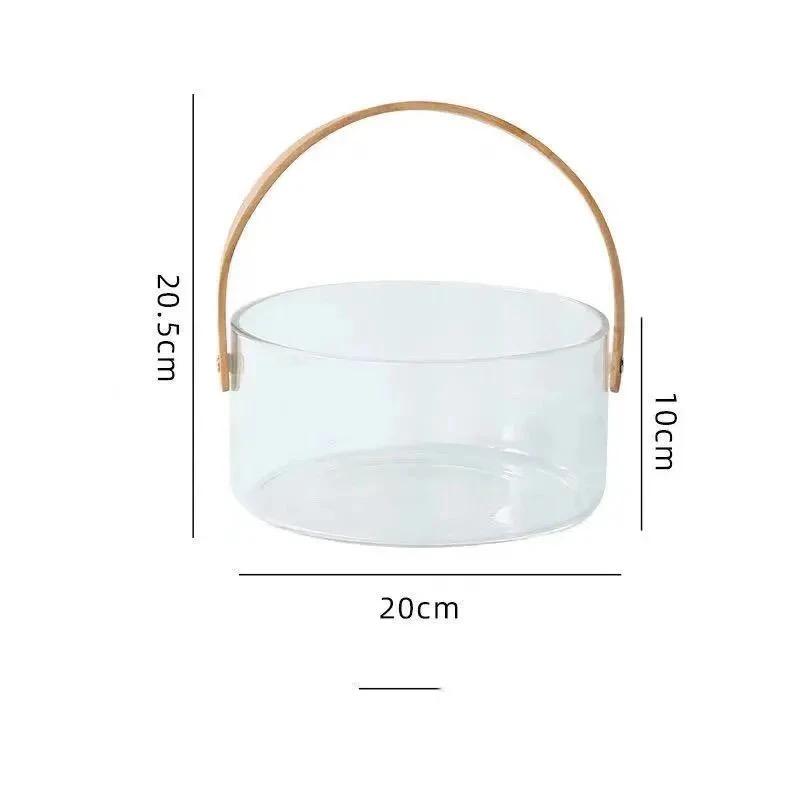 Přenosná průhledná skleněná mísa na ovoce | Kbelík na ledové víno | Salátová mísa | Koš na svačinu s dřevěnou rukojetí