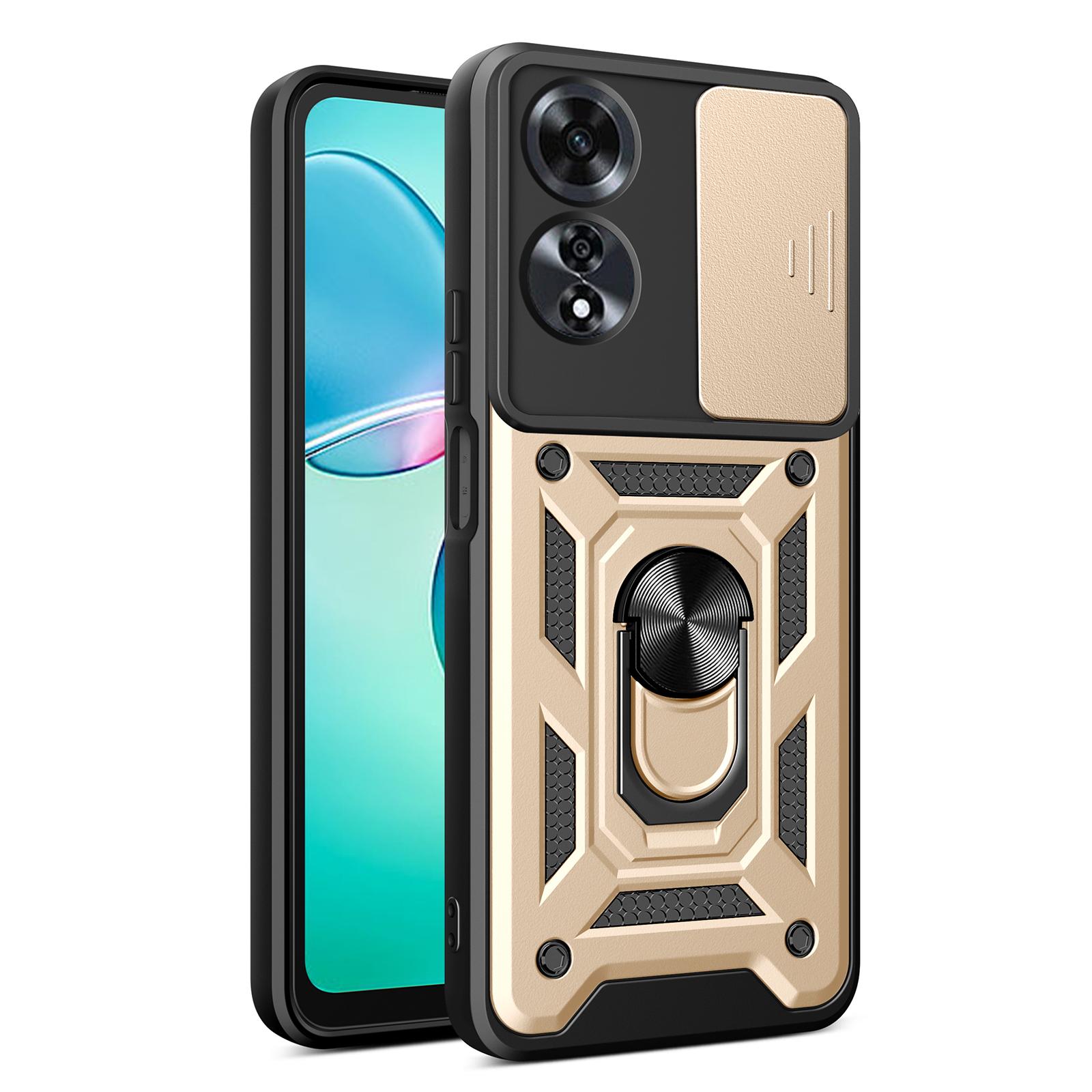 

For Oppo A60 4G Case with Slide Camera Lid PC+TPU Kickstand Phone Cover Gold