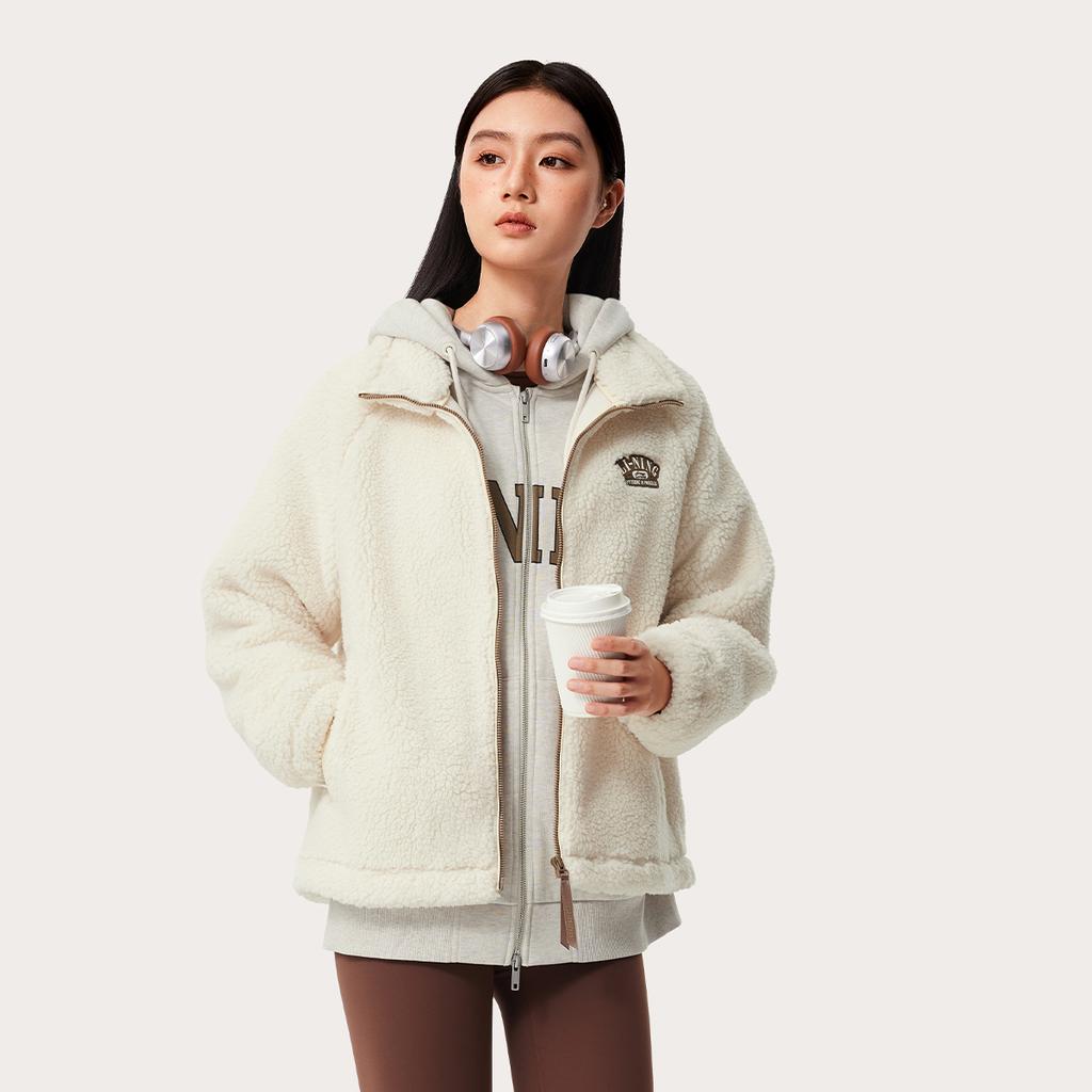 Li-Ning Comfortable Casual Minimalist Stand Collar Zipper Fleece Jacket Women Jackets Swan-White AFDUD66-1