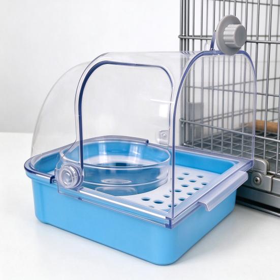 Bird Cage Accessory Feeder with Bowl, Transparent Parrot Bathtub Food Container, Indoor No Mess Shower Box for Parakeet Cockatiels