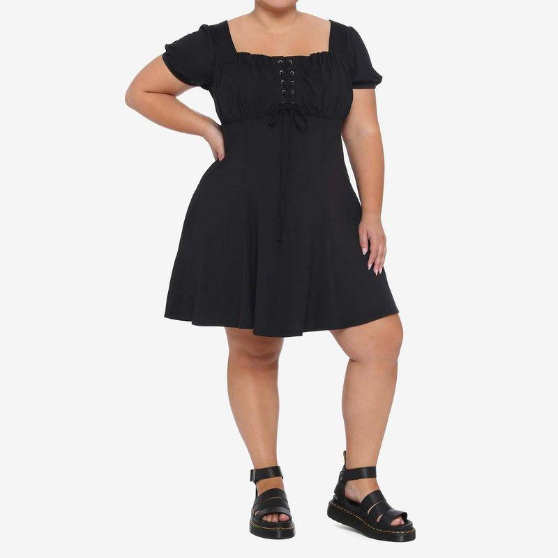 

Plus Size Women s British Style Black Dress Square Collar Strap A- line Waist Fitted Slim Looking Dress Short Summer Export Fashion Purple Flower blemish XL