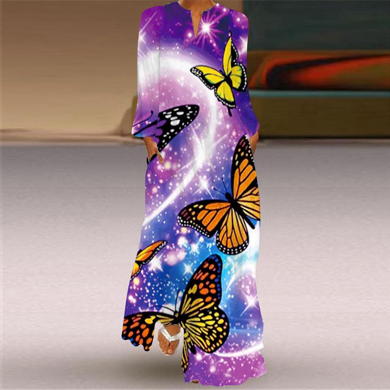 2024 Autumn European & American V-Neck Long-Sleeve Sexy Printed Maxi Dress