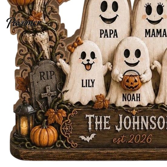 Spooky Party Decorations Halloween Ghost Family Wooden Plaque, Pumpkin Couple Tabletop Sign, Wood Table Ornaments Farmhouse Home Ornament for