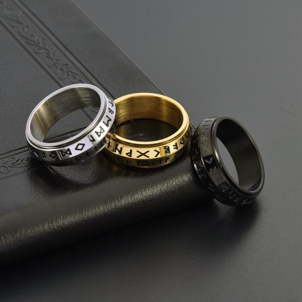 Unisex Rotating Titanium Steel Ring with Ancient Norse Runes Gothic Style Jewelry for Men