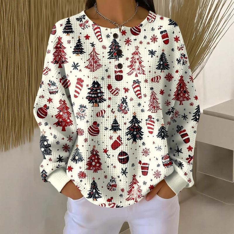 Women Christmas Tree Print Round Neck Henley Long Sleeve Waffle Knit Top