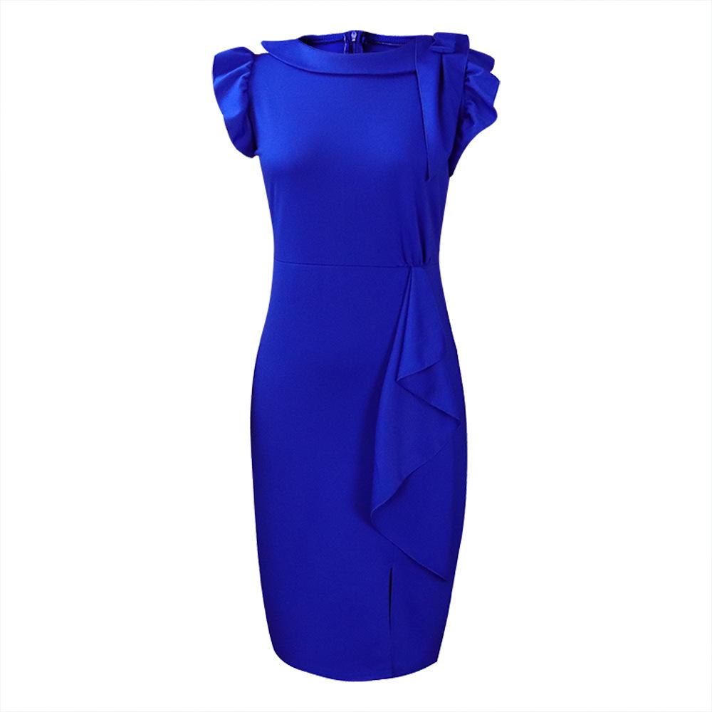 Large Size Women Summer Fashion Solid Ruffled Dress Ladies Elegant One Piece Slit Dress