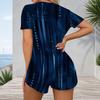 Women Plus Size Blue Green Printed V Neck Short Sleeve Button Front Fitted Short Romper