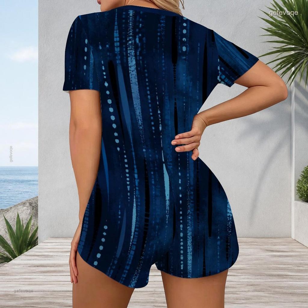 Women Plus Size Blue Green Printed V Neck Short Sleeve Button Front Fitted Short Romper