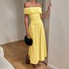 European and American One-word Shoulder Waist Slim Dress High-end Pleated Pendant Dress Long Dress